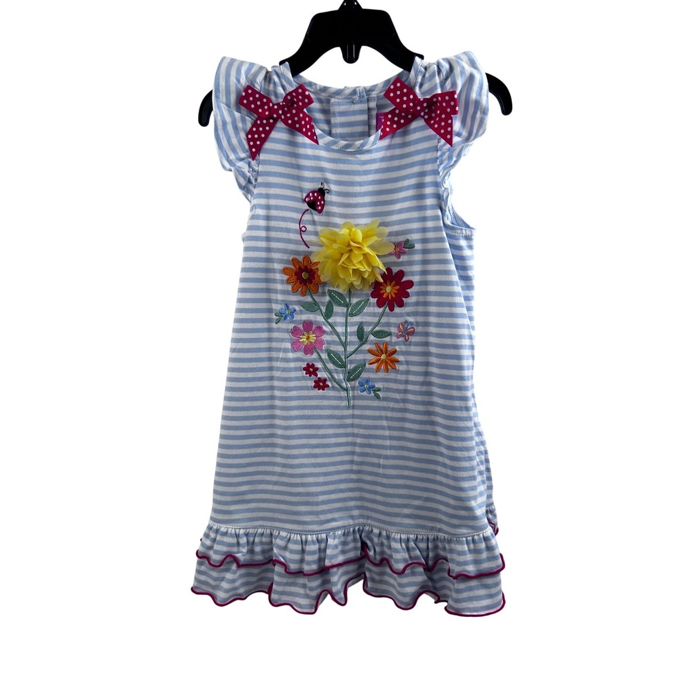 Good Lad Striped Floral Dress 3T Blue White Ruffle Bows Toddler Girls